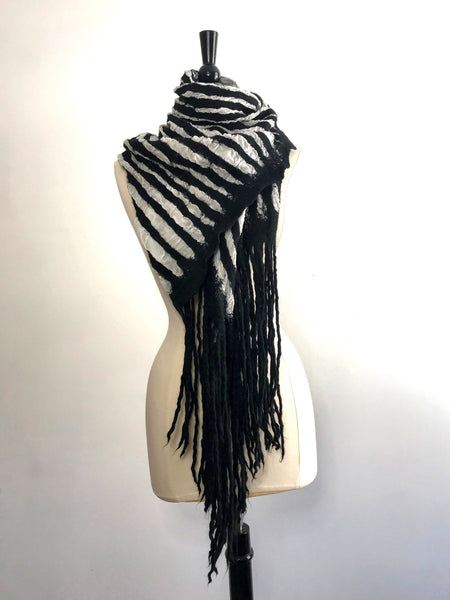 Black and White Striped Scarf with Dread Fringe